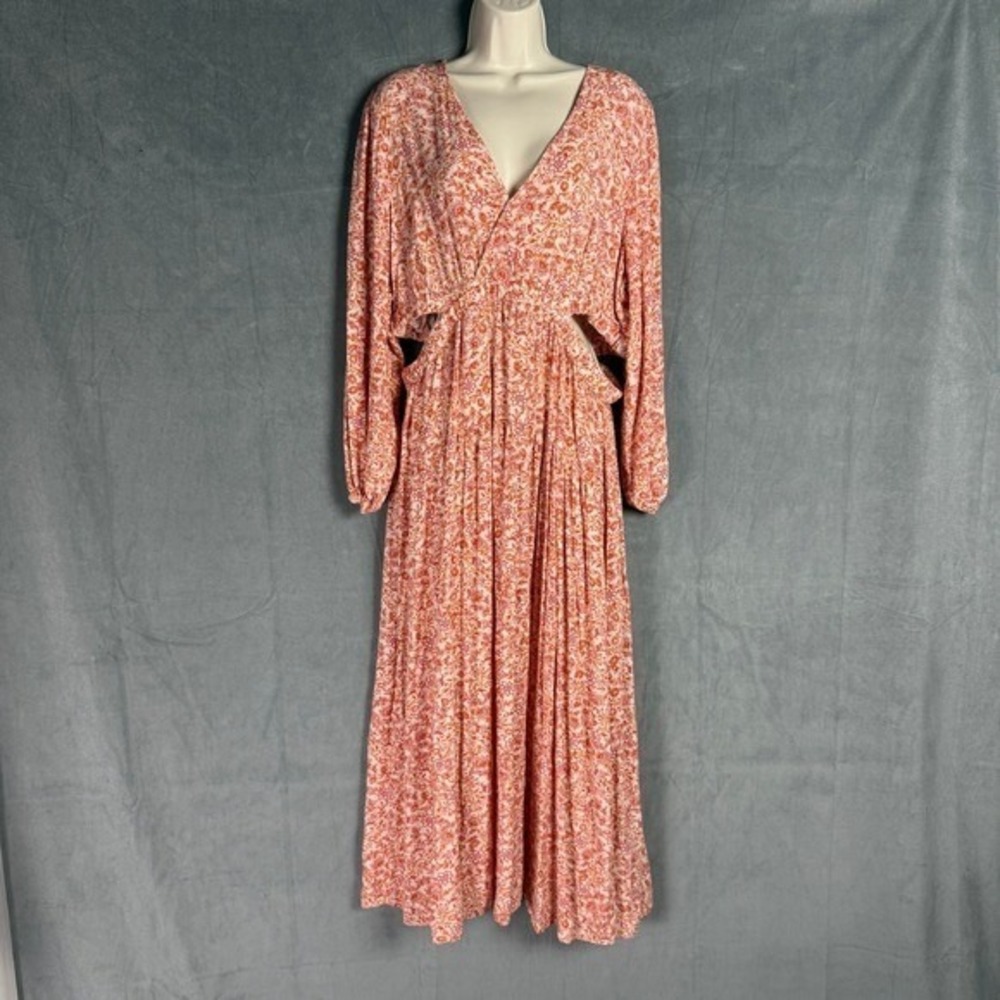 Old Navy Peach Floral Print Maxi Dress Cutout Waist XL Spring Resort Vacation - Picture 2 of 16